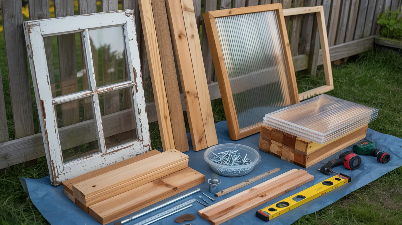 A variety of tools and materials are arranged on green grass, showcasing a colorful assortment for outdoor projects.