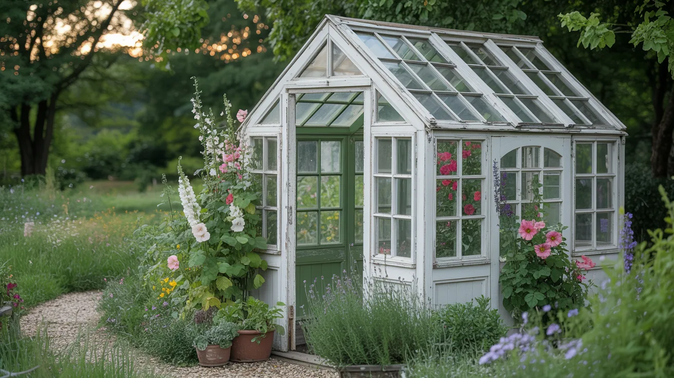 A small greenhouse surrounded by colorful flowers and plants in a vibrant garden setting.
