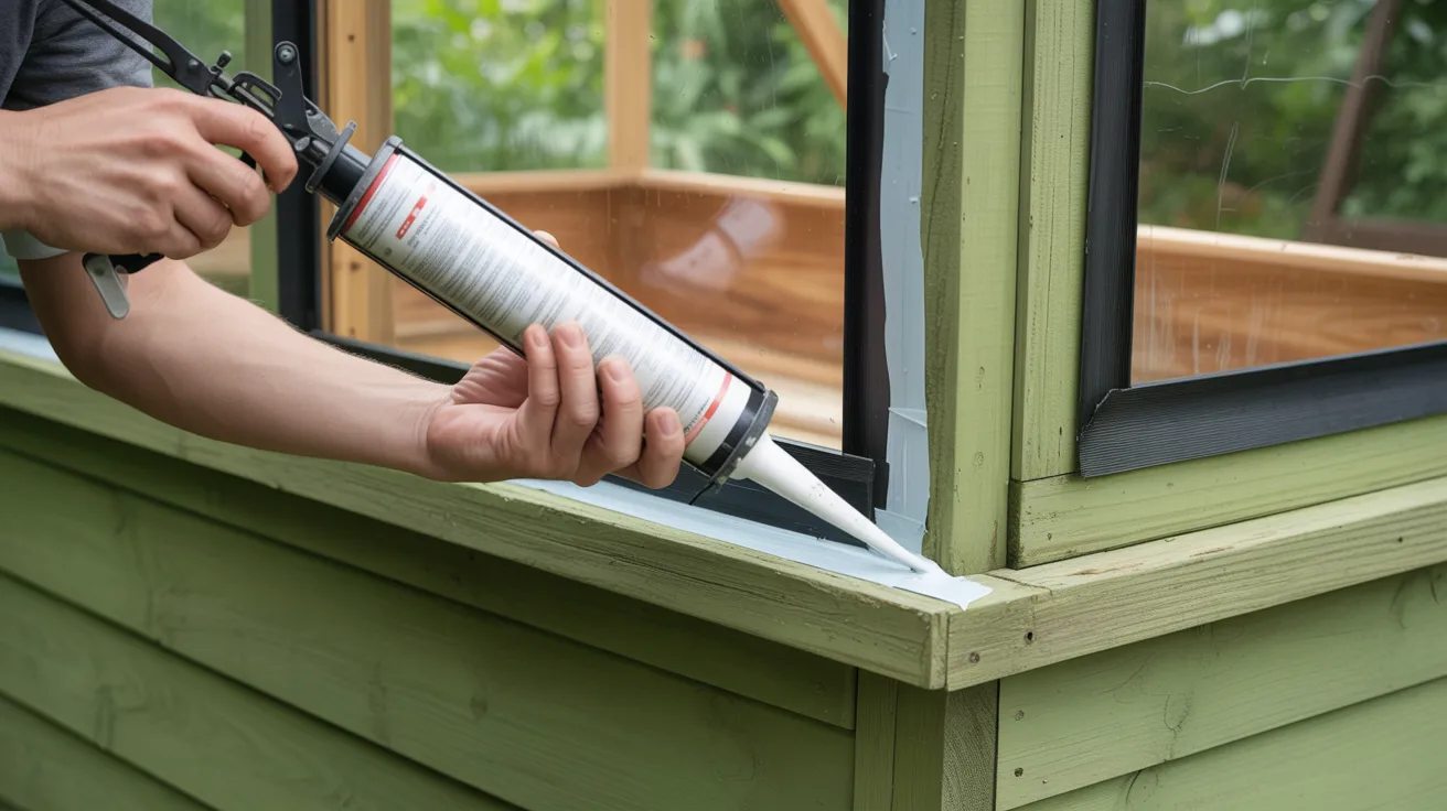 Applying silicone sealant around old greenhouse windows for weatherproofing