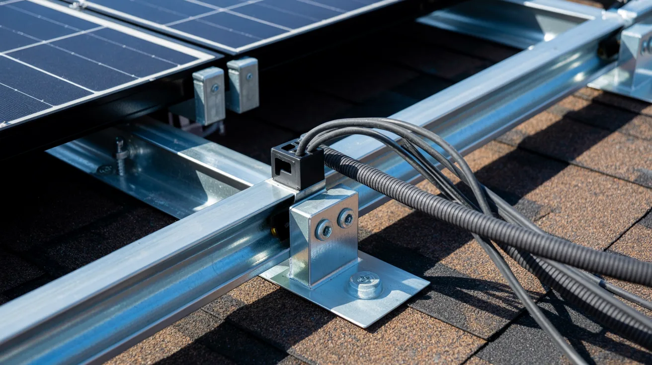 Solar panel mounting hardware and wiring being inspected on a rooftop