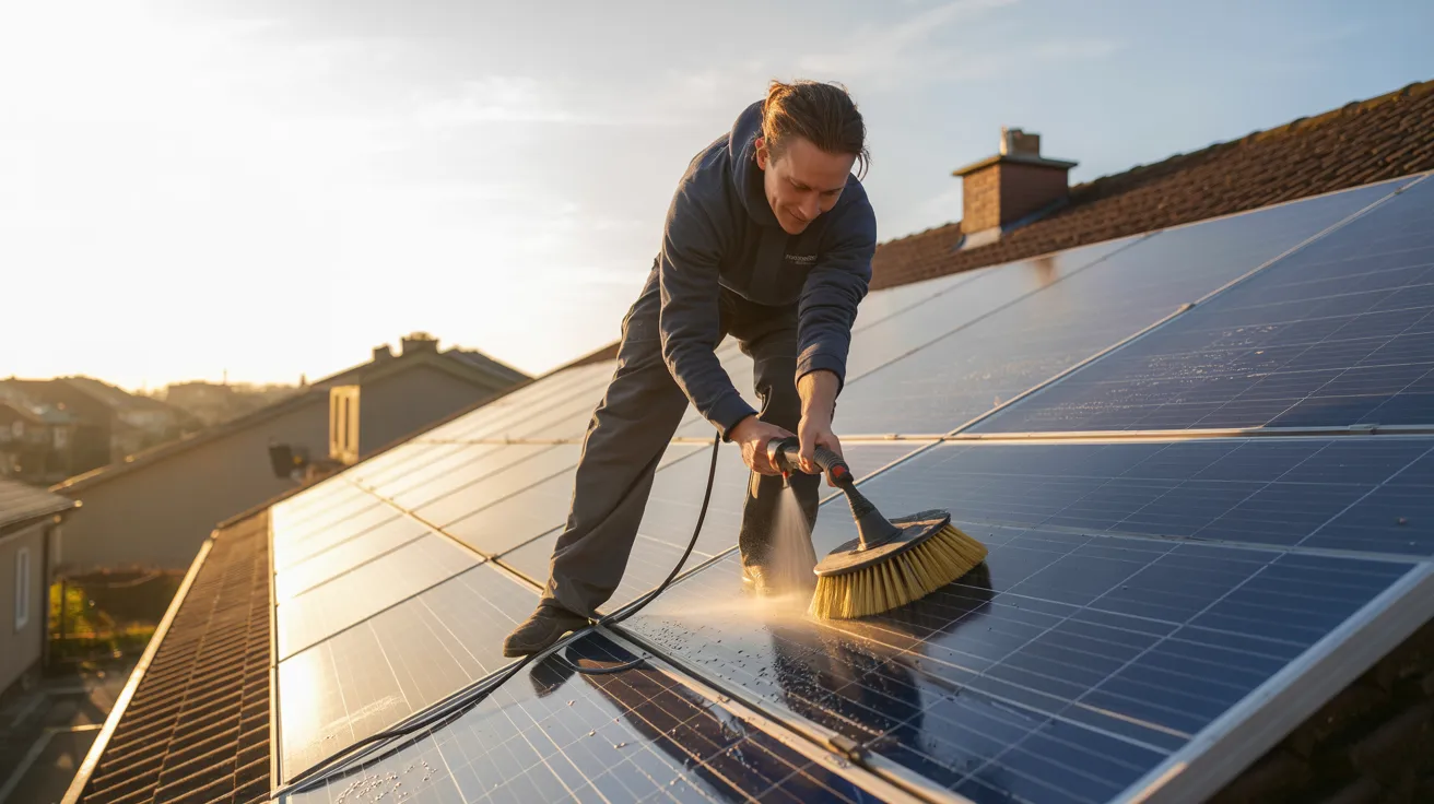 Person safely cleaning rooftop solar panels using soft cleaning tools 