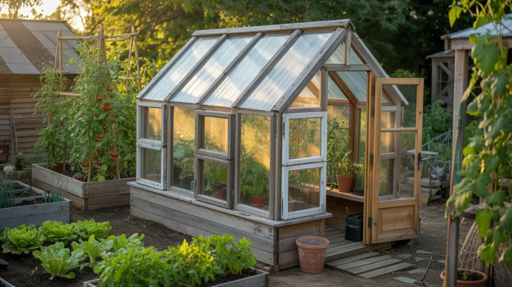Greenhouse built from old windows in a backyard garden with gravel path and wooden door.