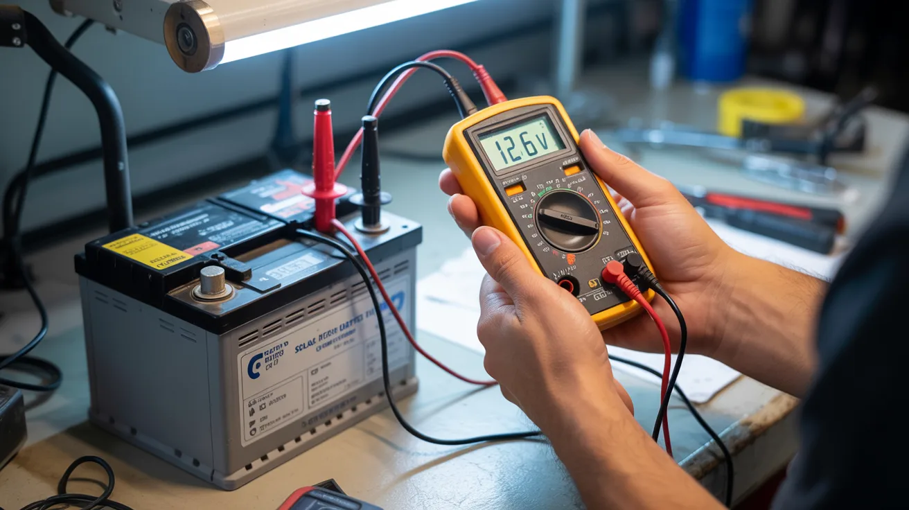 A person measuring battery voltage with a multimeter, focused on the device's display and the battery terminals.