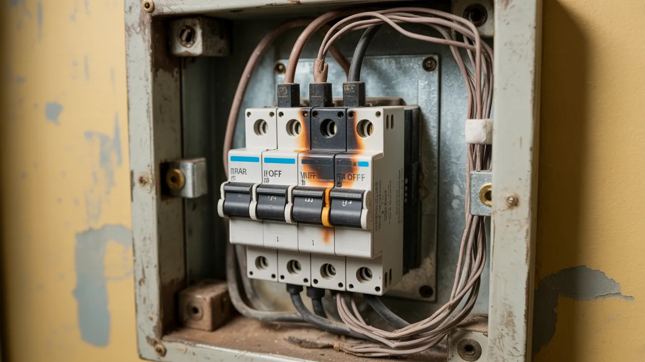Tripped breaker with burn marks showing risks of skipping panel upgrade