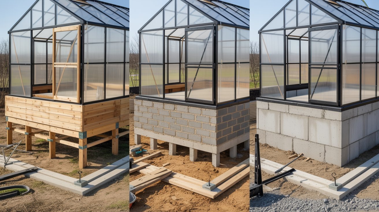 Different greenhouse foundation options including wood, cinder block, and concrete.