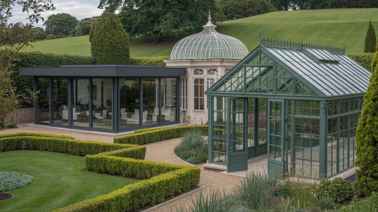 Comparison of an orangery, conservatory, and greenhouse in a garden setting.