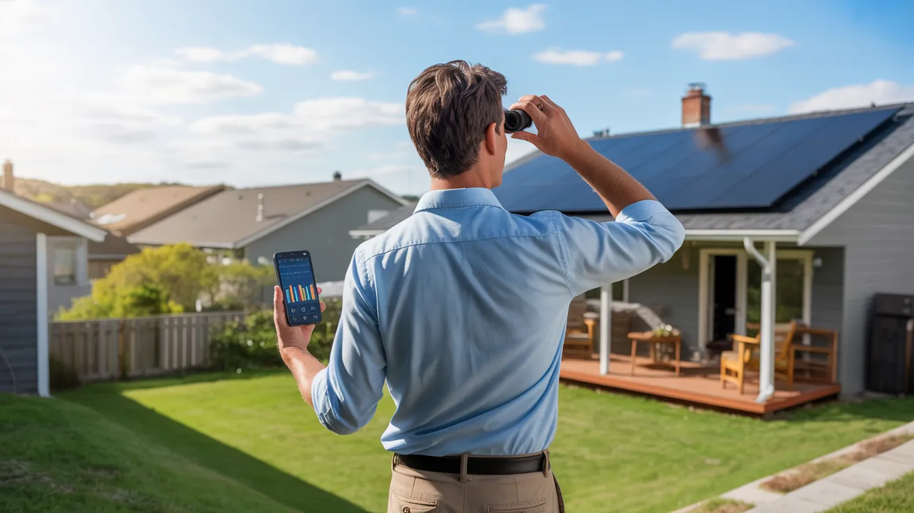 Homeowner performing a monthly visual check of rooftop solar panels