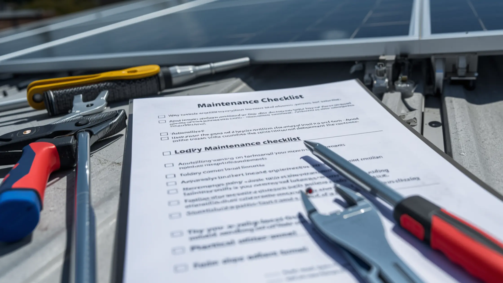 Technician tools and a solar panel maintenance checklist placed on rooftop solar panels during inspection and servicing.