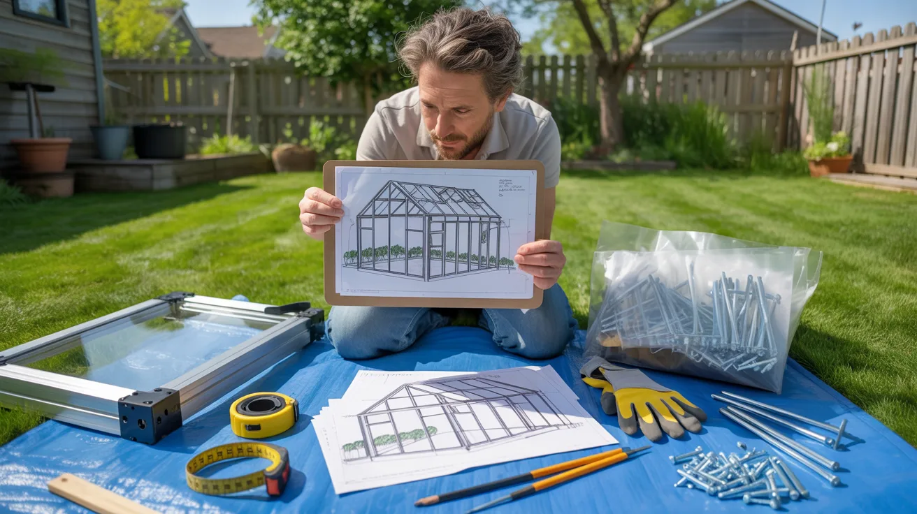 A man studies a blueprint while planning the design of a greenhouse.