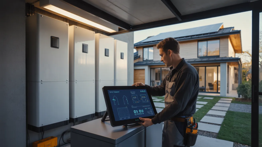 A man operates a tablet to manage the settings of a solar panel system.