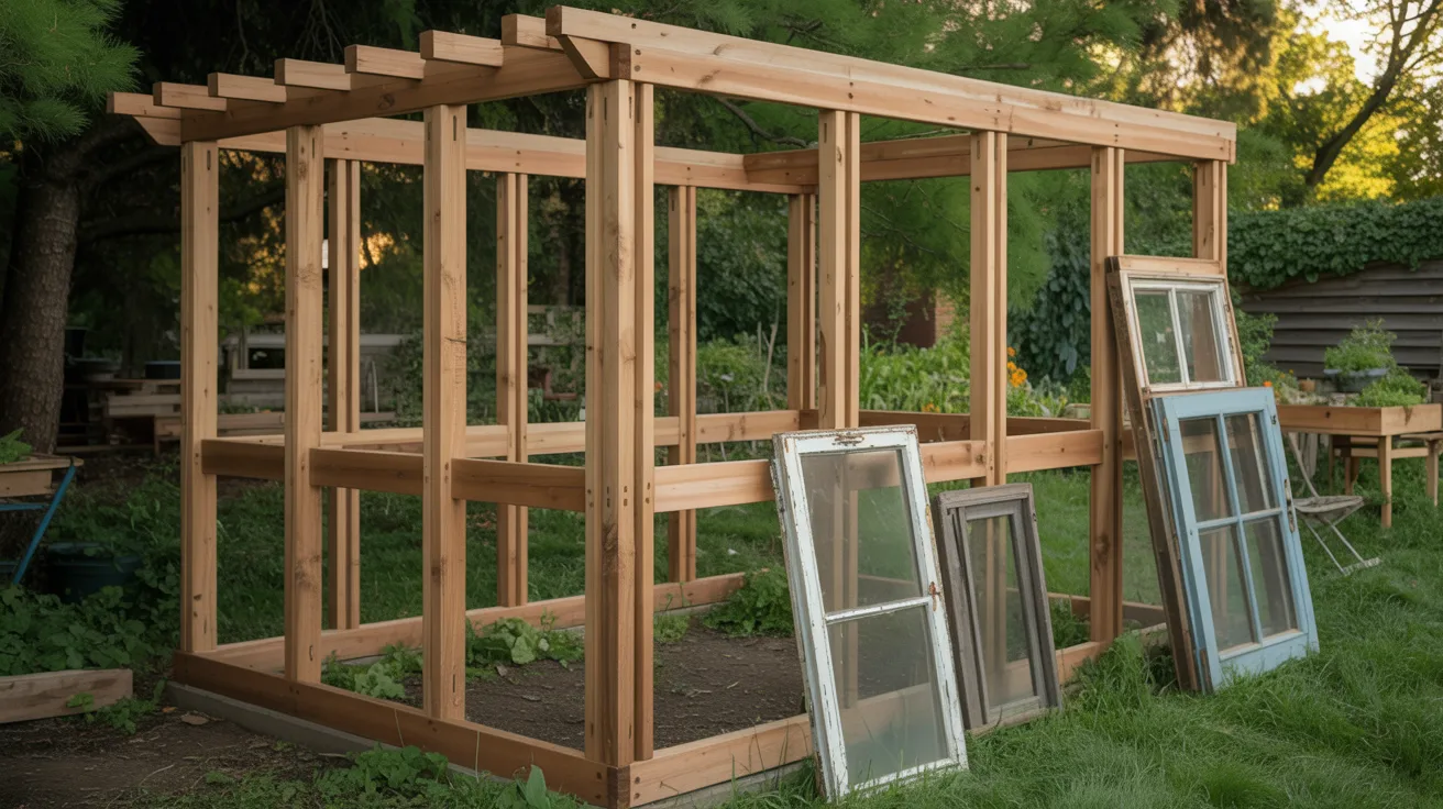 Wooden frame structure being built for a greenhouse made from old windows
