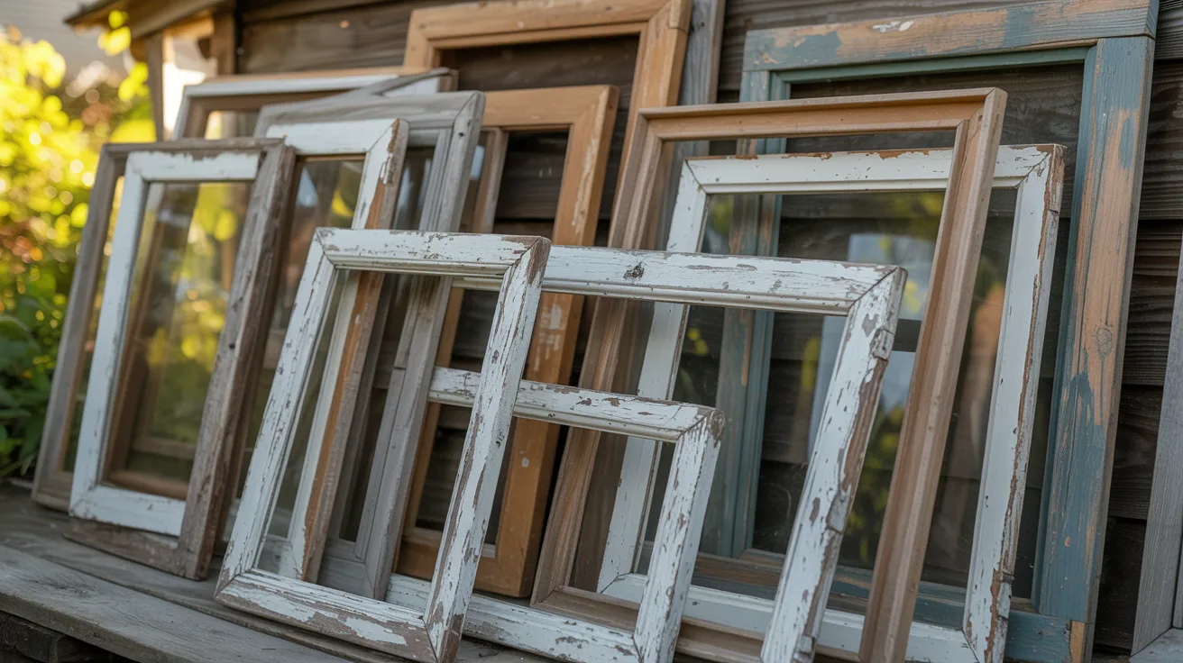 Stack of old salvaged wooden window frames leaning against a garden shed wall.