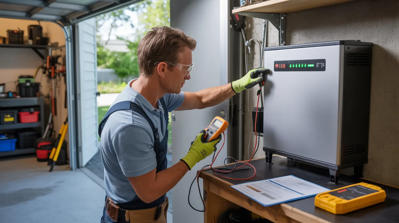 A man checks a battery's voltage using an electronic meter, focusing intently on the device's display.