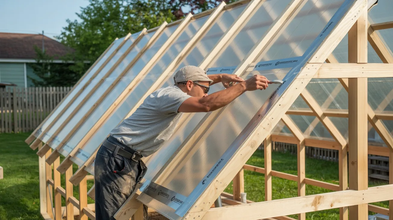 Polycarbonate roof panels being installed on a DIY greenhouse structure