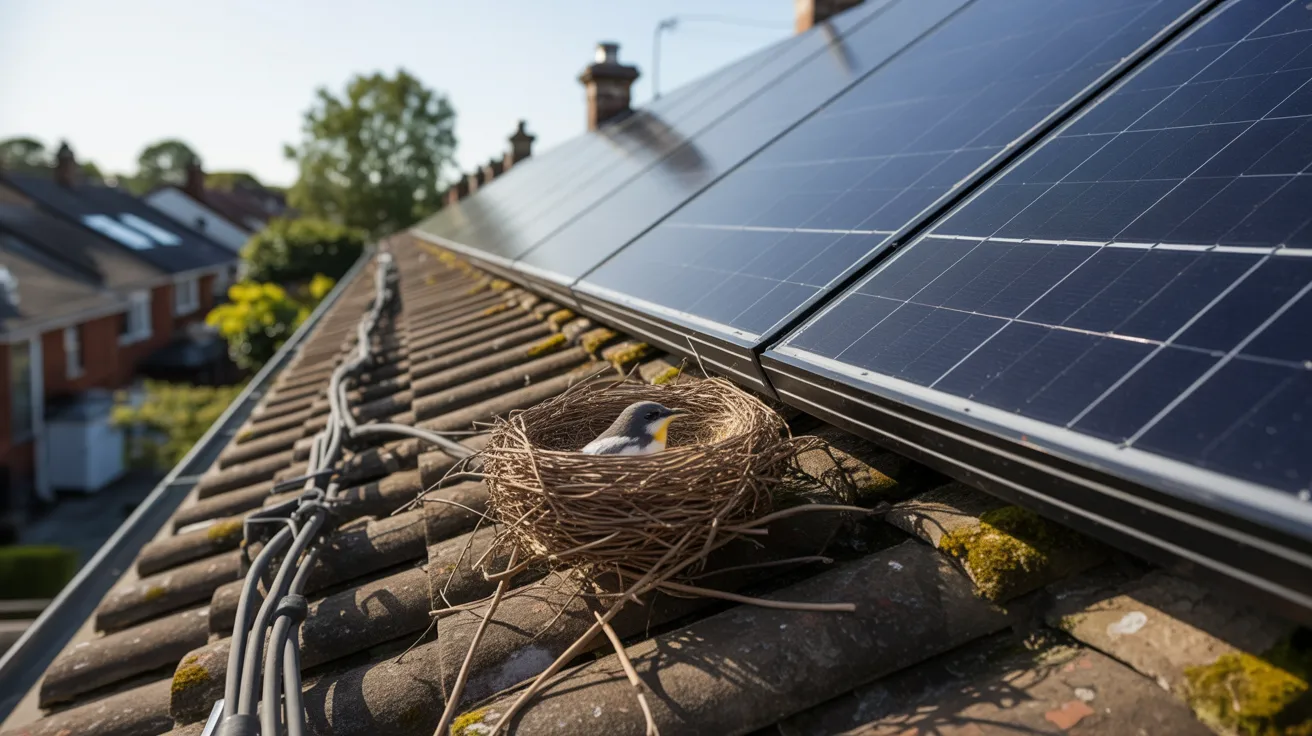 Bird nest under rooftop solar panels creating potential wiring problems