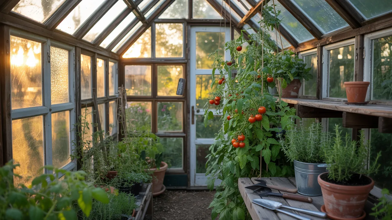 Inside a completed greenhouse made from old windows with healthy plants growing