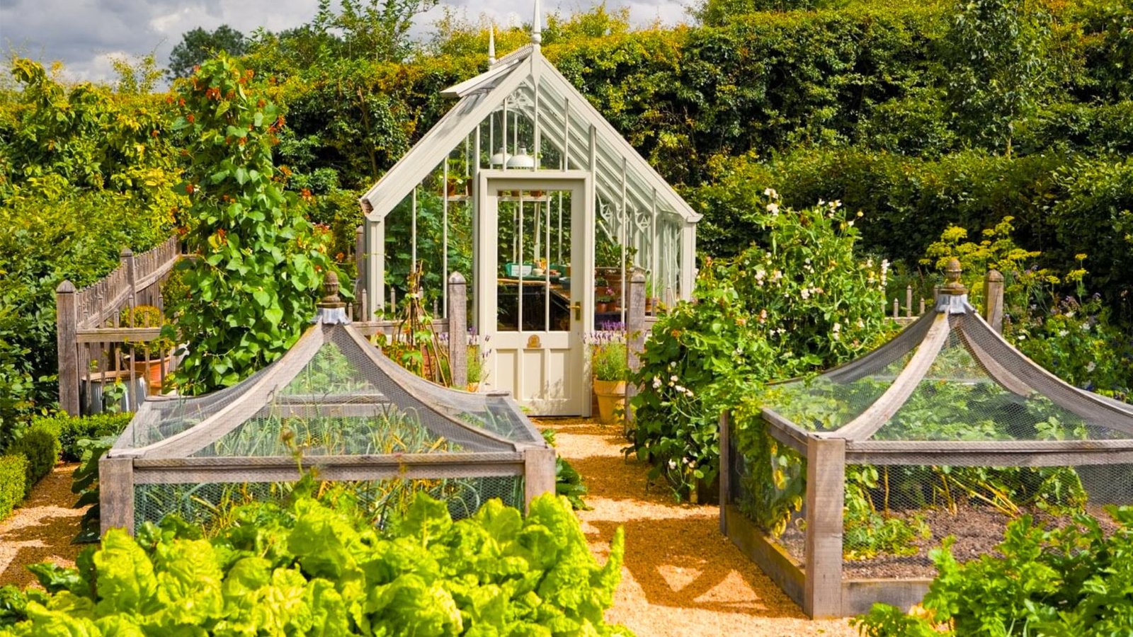A lush garden scene showcasing a greenhouse and a well-tended garden bed with colorful flowers and greenery.