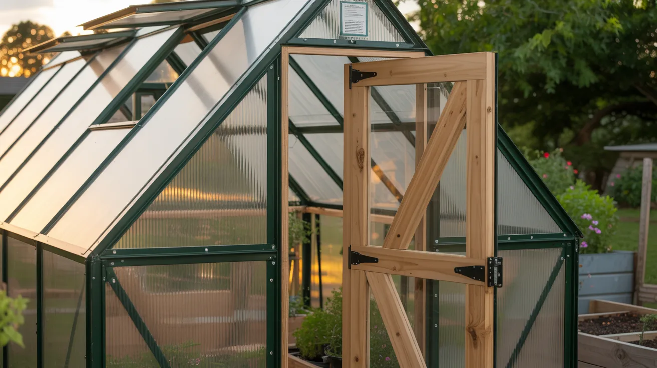 Wooden greenhouse door and roof vent installed for airflow and ventilation