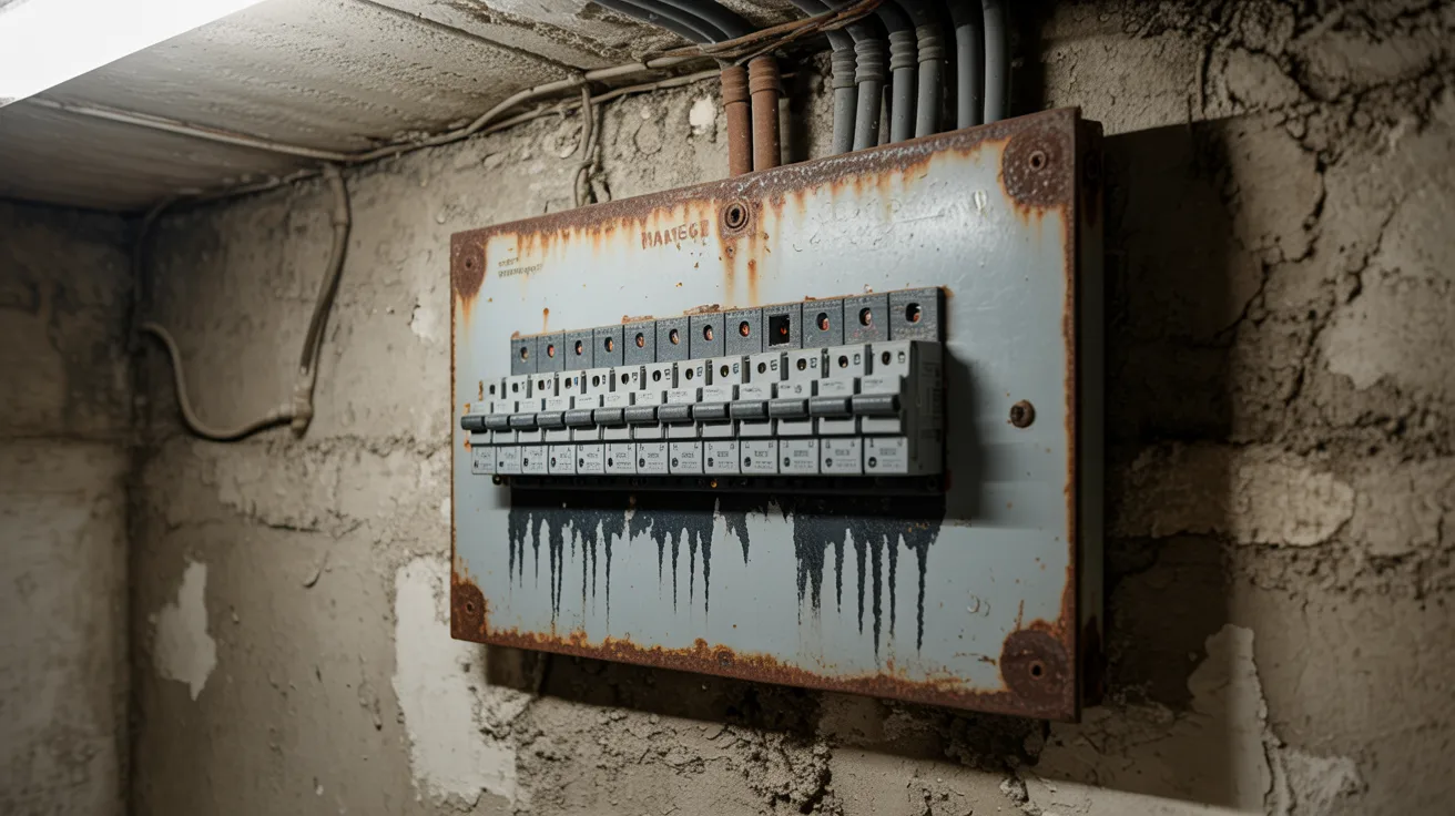 Outdated rusted electrical panel showing signs it needs upgrading for solar.
