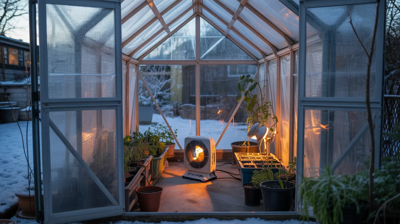Inside a small greenhouse in winter showing bubble wrap insulation on windows and a small electric heater