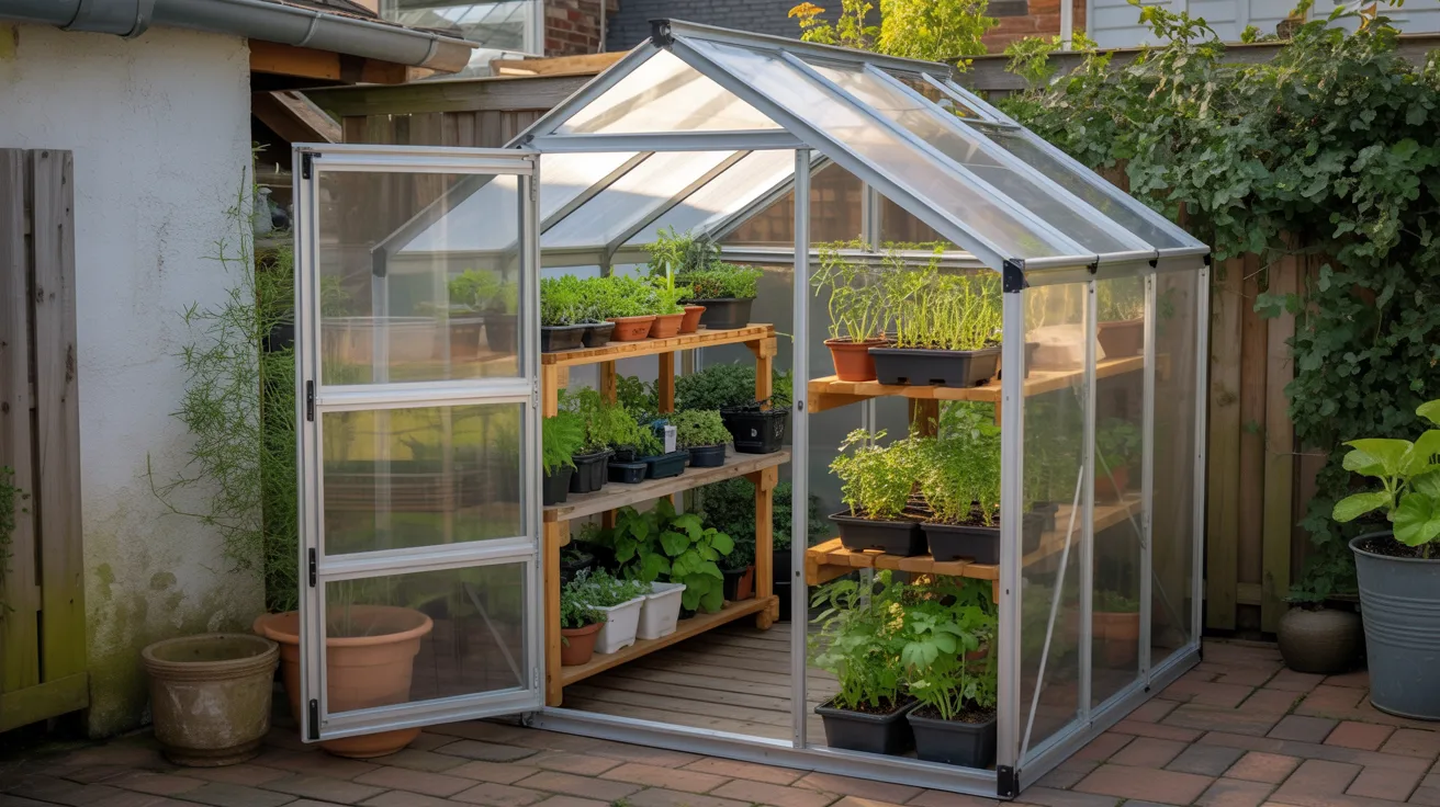 A greenhouse filled with various plants, showcasing vibrant greenery and natural light filtering through the glass.