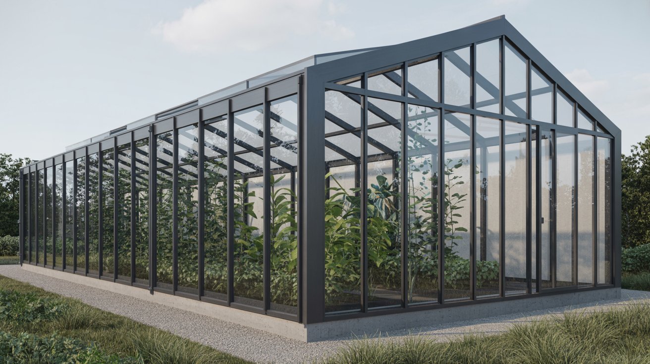 Energy-efficient greenhouse made with insulated glass and strong framing materials.