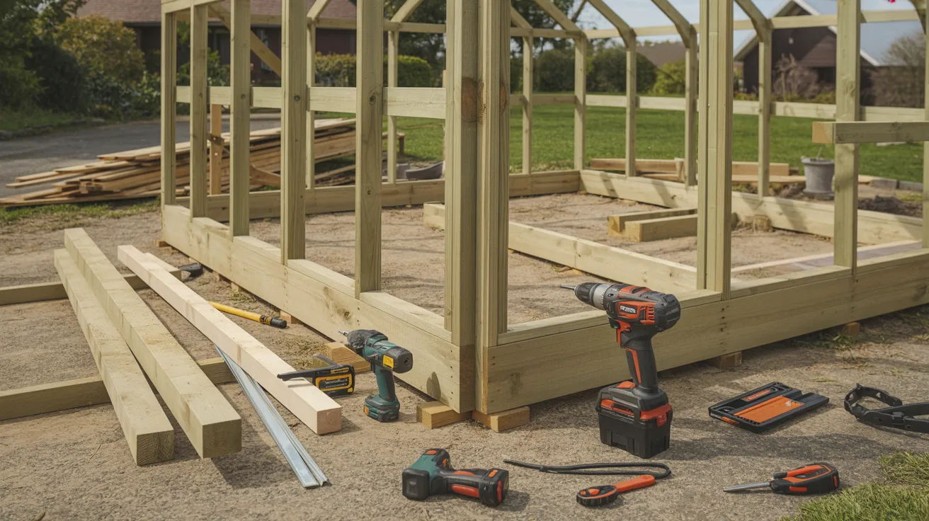 A construction site shows a shed being built with various tools and wooden materials scattered around.