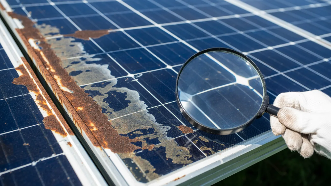 Homeowner inspecting solar panel wiring and mounting areas for water damage and corrosion on a residential rooftop system