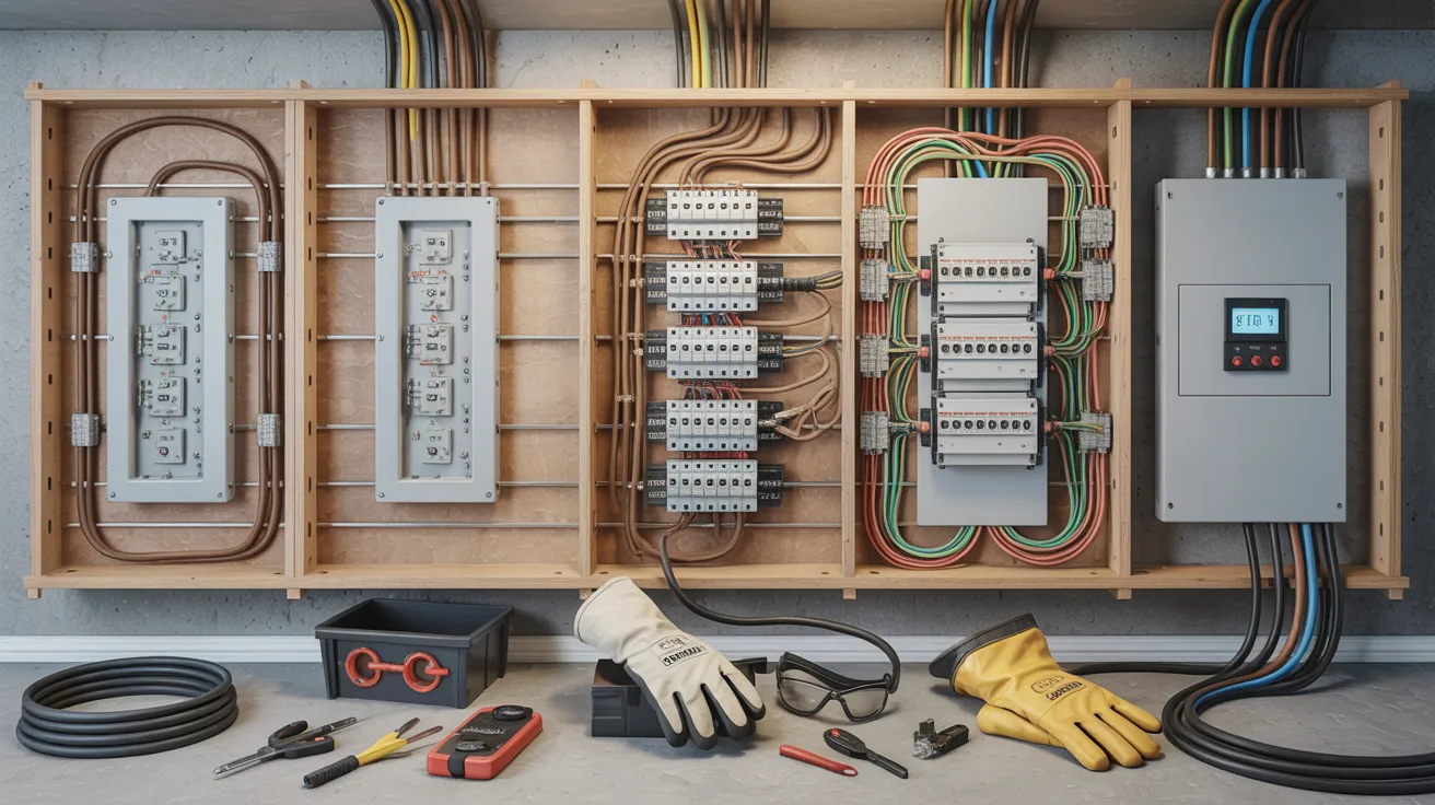 Modern residential electrical panel setup with organized wiring, circuit breakers, and electrician safety tools during electrical installation.