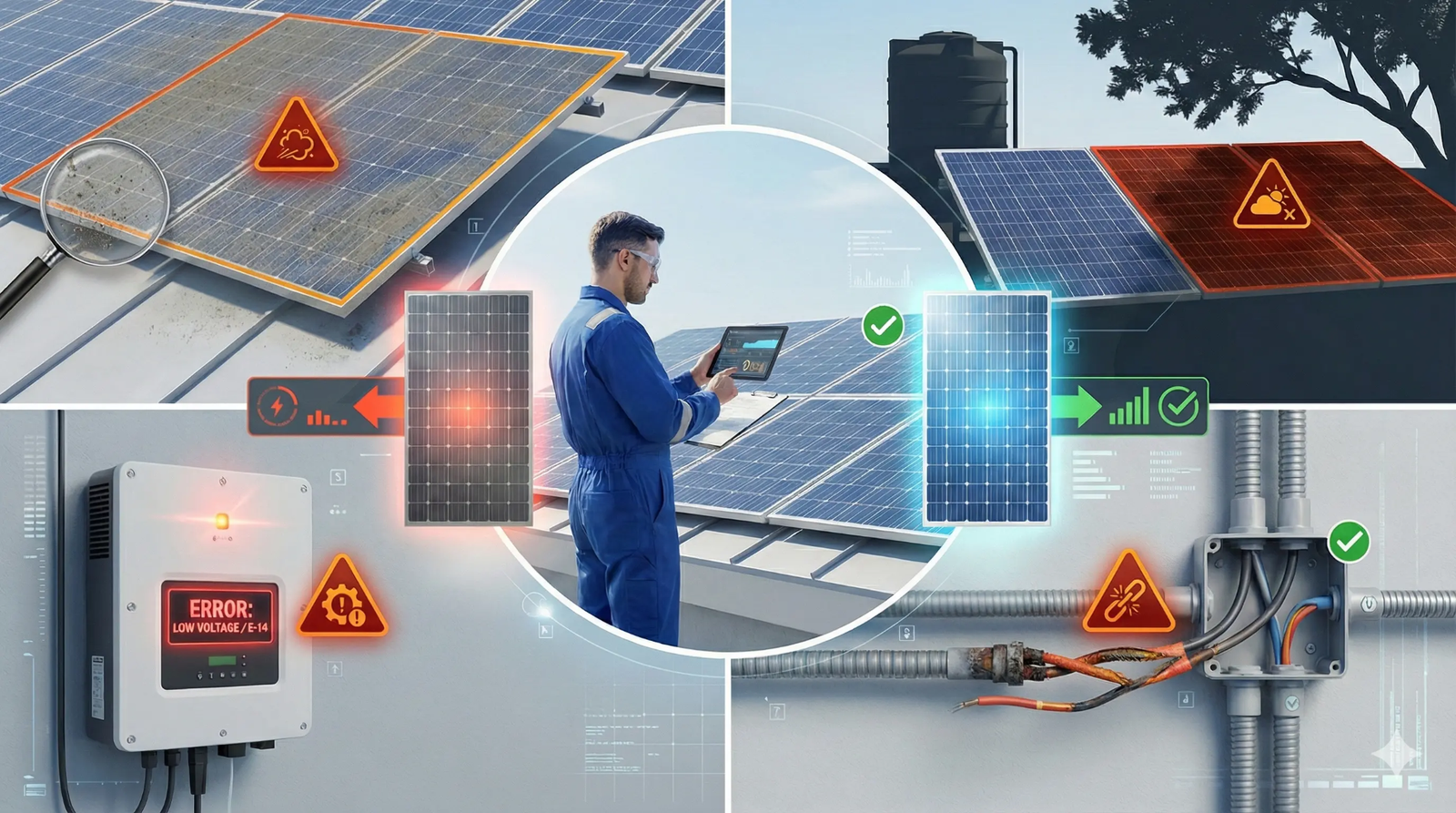 Technician inspecting solar panels with warning signs for dirty panels, wiring damage, and voltage issues.