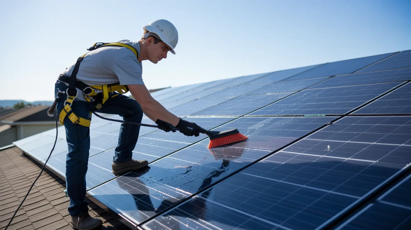 Technician cleaning rooftop solar panels with a soft brush during routine solar panel maintenance.