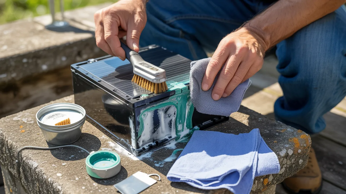 A man cleans a black box with a brush, focusing on removing dust and dirt from its surface.