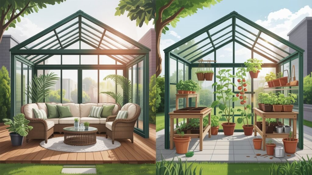 Comparison between a conservatory and greenhouse showing design and purpose differences.