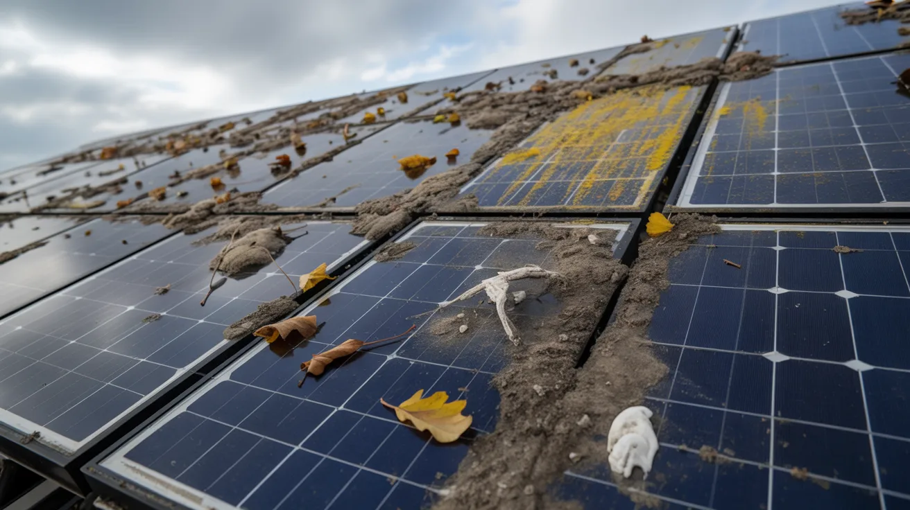 Dirty rooftop solar panels covered with dust and debris reducing efficiency
