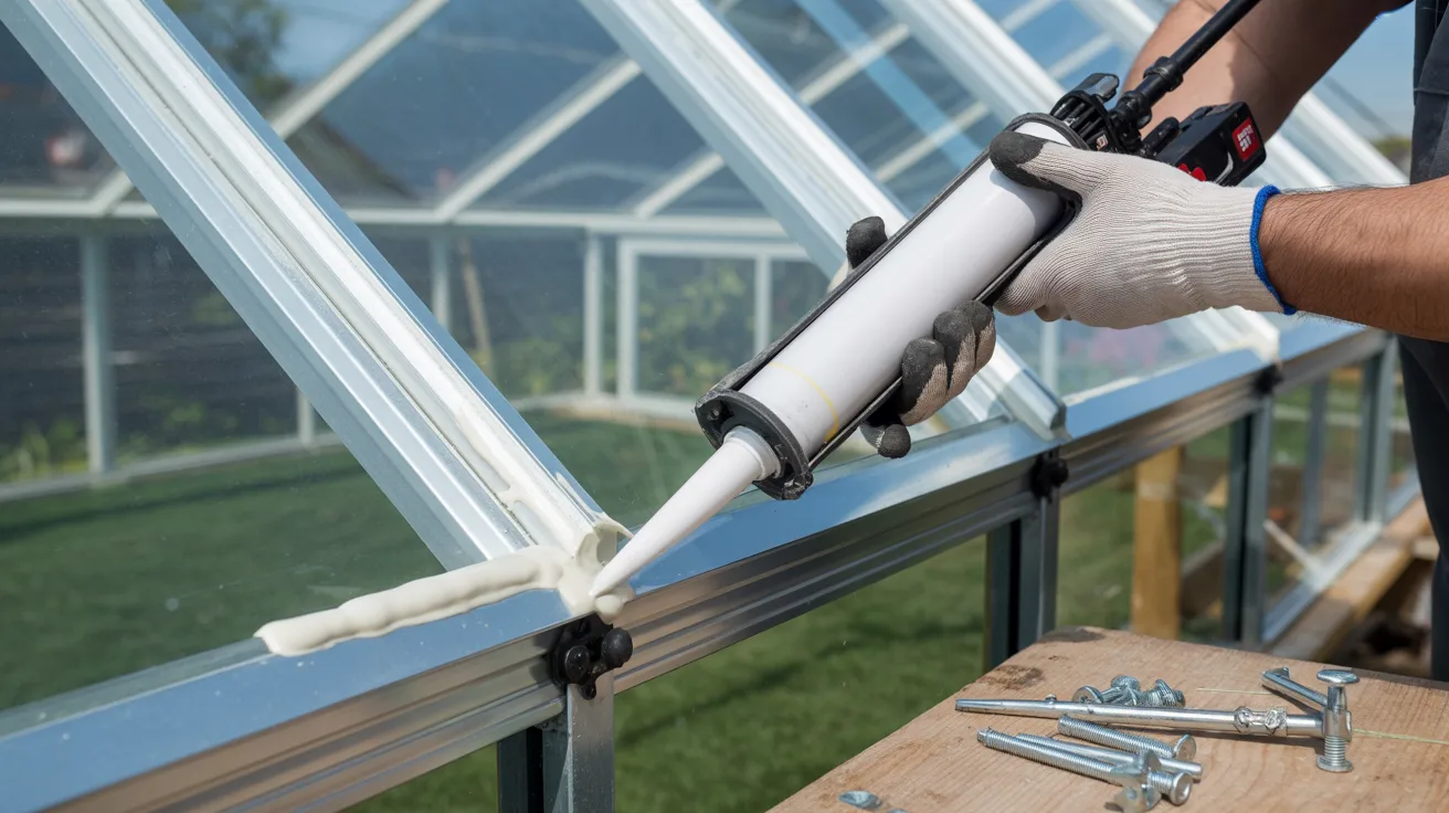 A person applying caulk with a caulking gun to seal a glass surface, ensuring a tight and secure fit.