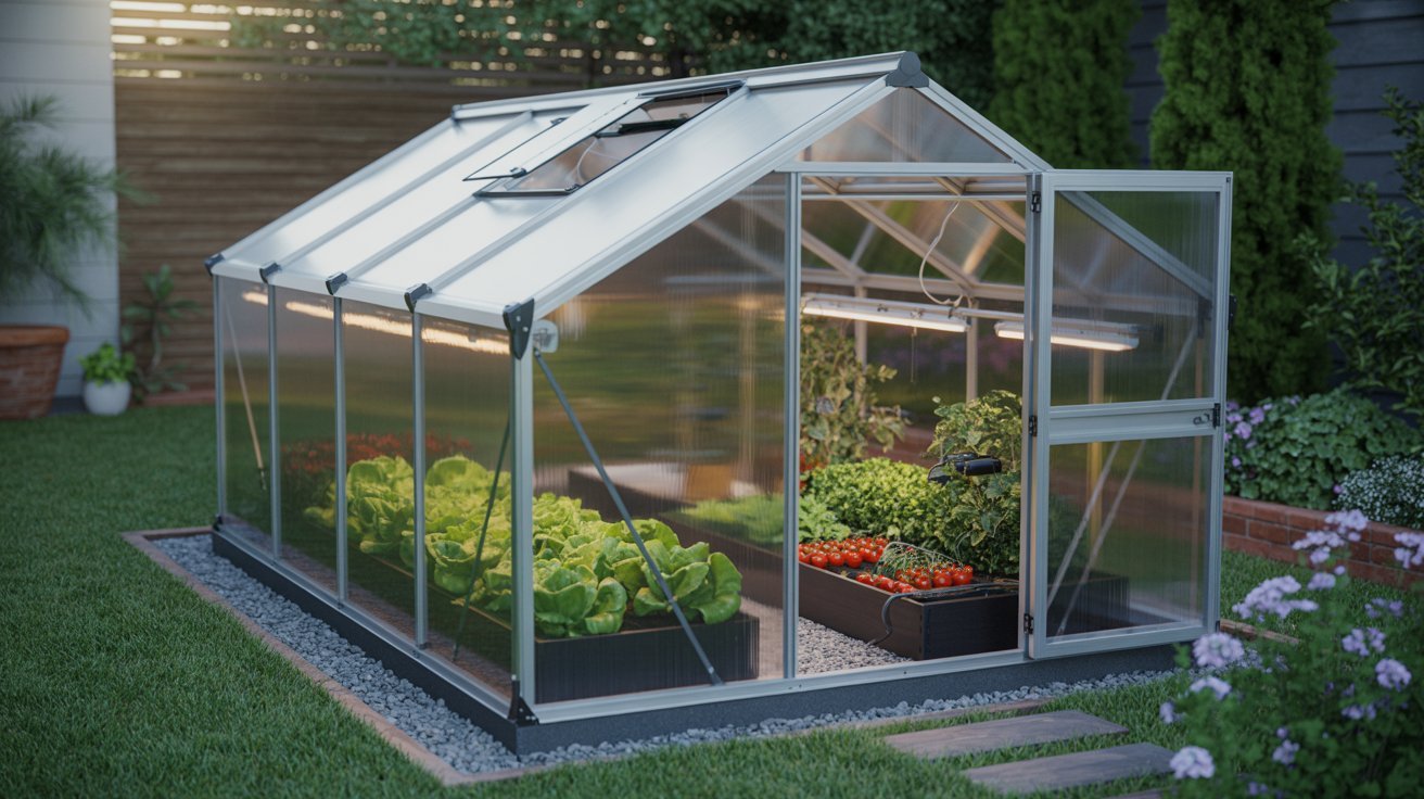 Small temperature controlled greenhouse designed for compact spaces and efficient plant growth.