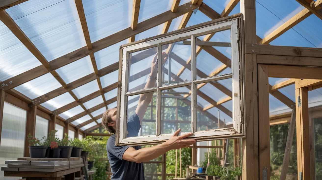 A man holds an old window inside a greenhouse, surrounded by plants and natural light.