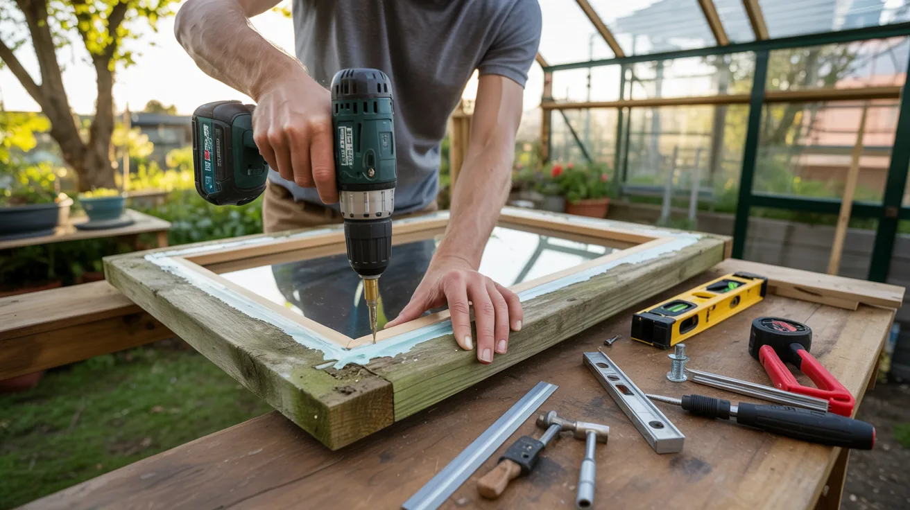 Old salvaged windows being attached to a greenhouse frame with screws and sealant