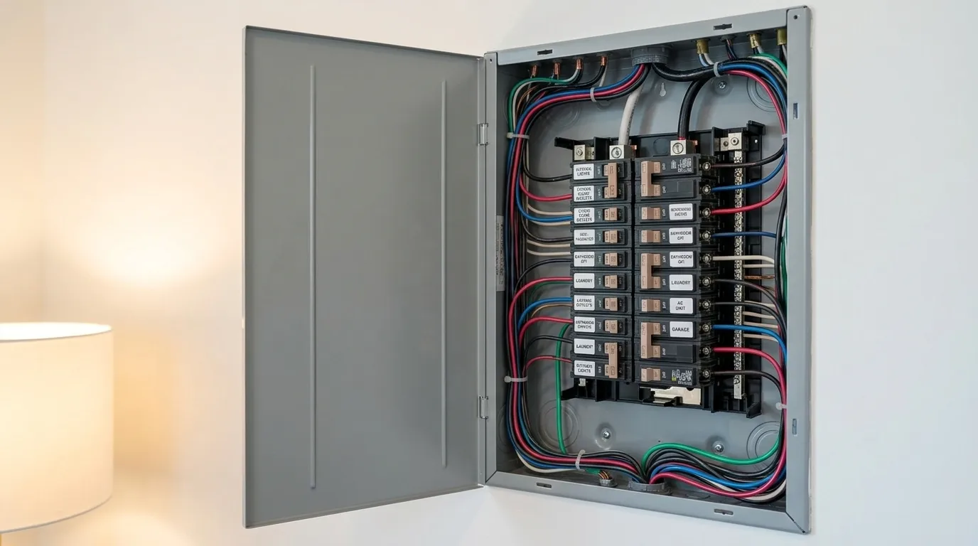 Residential electrical panel with circuit breakers before solar installation