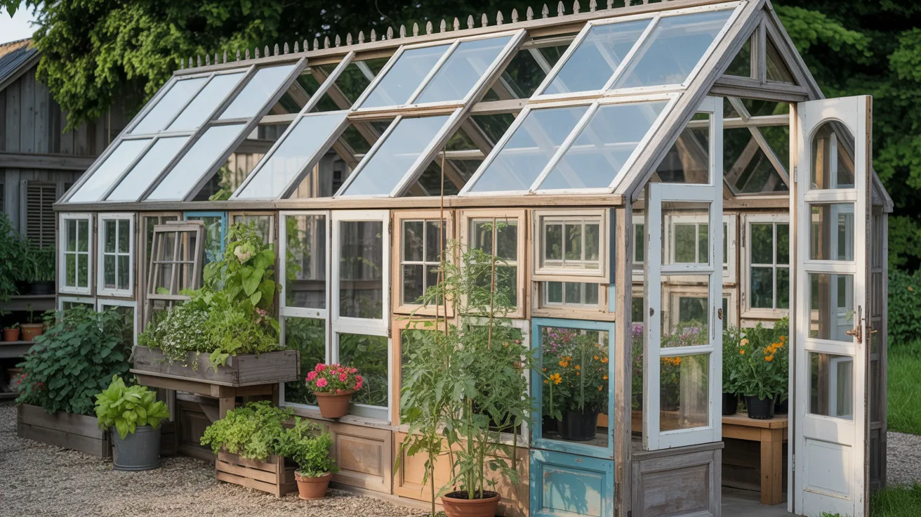 DIY greenhouse made from old windows with wooden framing, surrounded by potted plants and greenery in a backyard garden setting