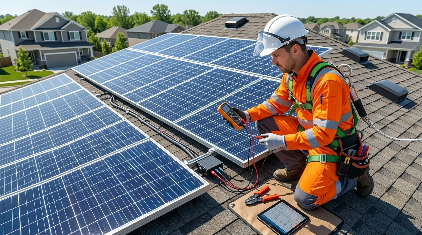 Professional solar technician inspecting rooftop solar panels during a maintenance service visit