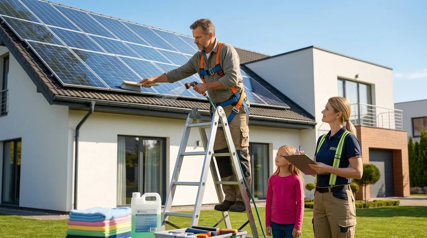 Homeowner cleaning rooftop solar panels during routine solar panel maintenance on a modern house.