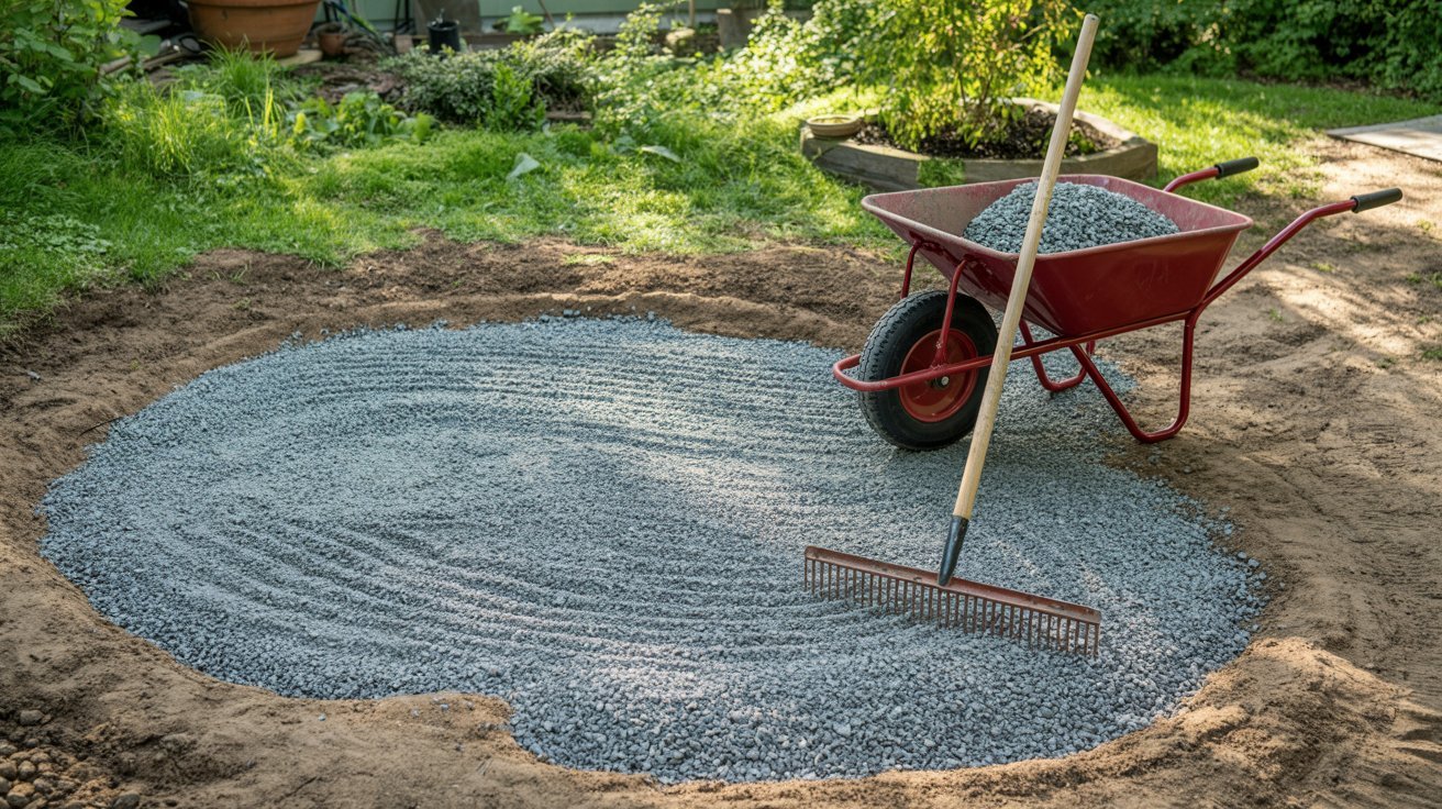 Gravel foundation base being installed for greenhouse drainage.