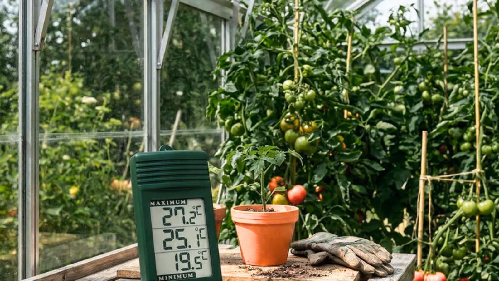 A thermometer placed on a table inside a greenhouse, measuring the temperature of the environment.