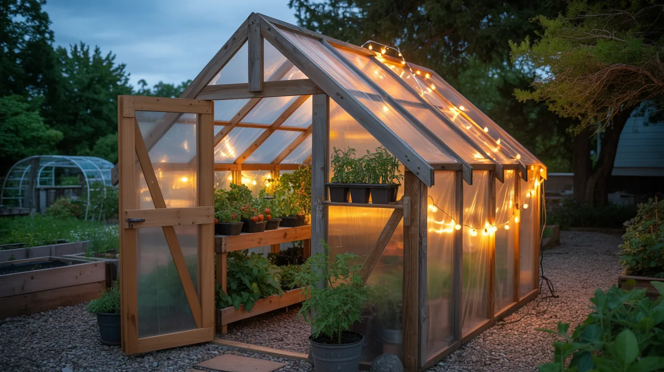 A greenhouse illuminated by lights, showcasing its structure and plants inside during the evening.