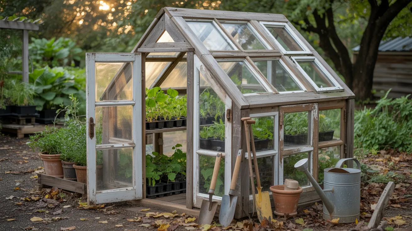 A greenhouse filled with potted plants and various gardening tools arranged on a workbench.