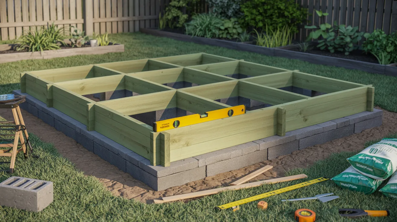 Pressure-treated timber greenhouse foundation leveled in a backyard garden