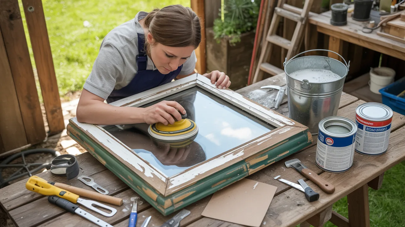 Old wooden windows being cleaned and sanded before building a DIY greenhouse .