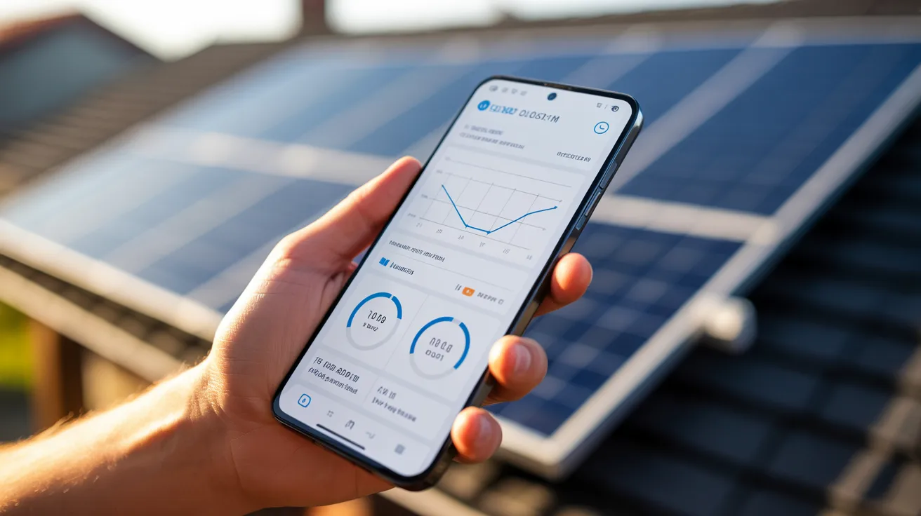 Smartphone displaying live solar panel energy production and monitoring data