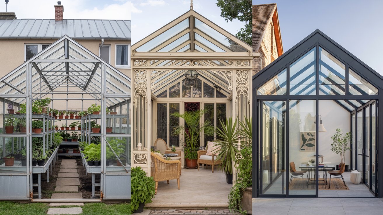 Greenhouse, conservatory, and solarium shown side by side for comparison.